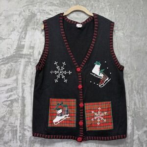 Holiday‎ Time Women's Christmas Sweater Vest Size XL Skates Snow Plaid Patch